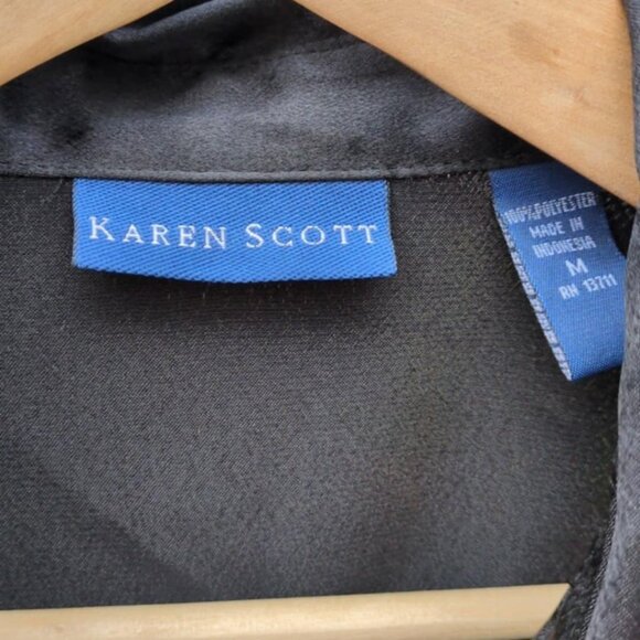 Karen Scott Sz M Black Satin Button Down Collared Shirt Classic Goth Career Chic - Picture 2 of 6